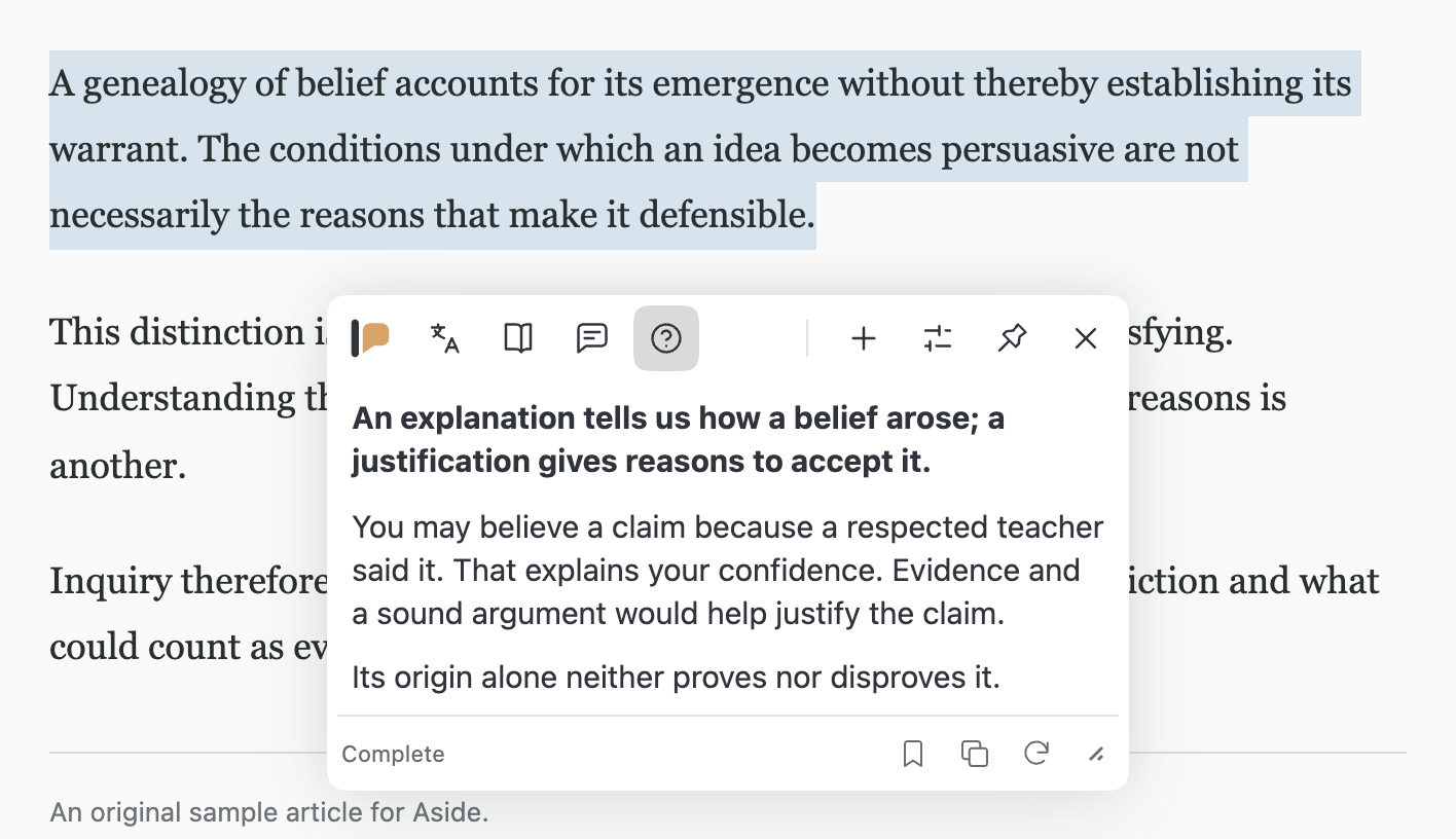 A selected passage about explaining and justifying beliefs, with Aside clarifying the distinction.